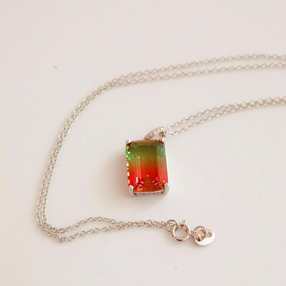 Emerald Cut 925 Watermelon Necklace 18" Sterling Silver Tiny Baguette Stones